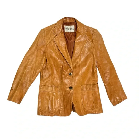 Vintage 70s Sheep Mates Tan Butterscotch Leather Two Button Jacket Blazer - Picture 1 of 6